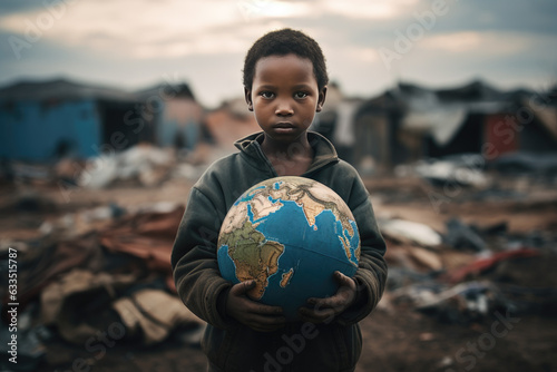 An African young boy holds up a globe of the Earth in a desolate village surrounded by trash and makeshift shanties. photo