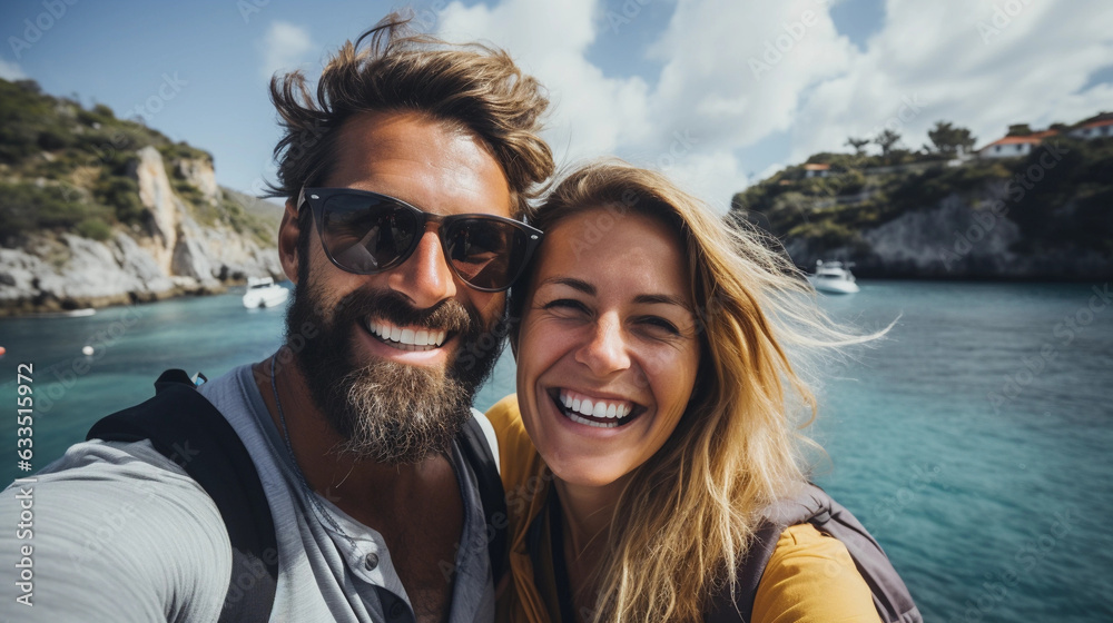 Travel couple with a smile making selfie portrait with smartphone