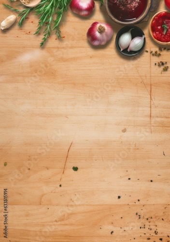 frying onions, pepper, garlic, and ketchup on old green board, in the style of minimalist backgrounds, advertisement inspired