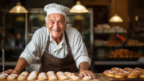 Fotografiet portrait of a pleased, man in his 80s that is baking delicious pastries wearing