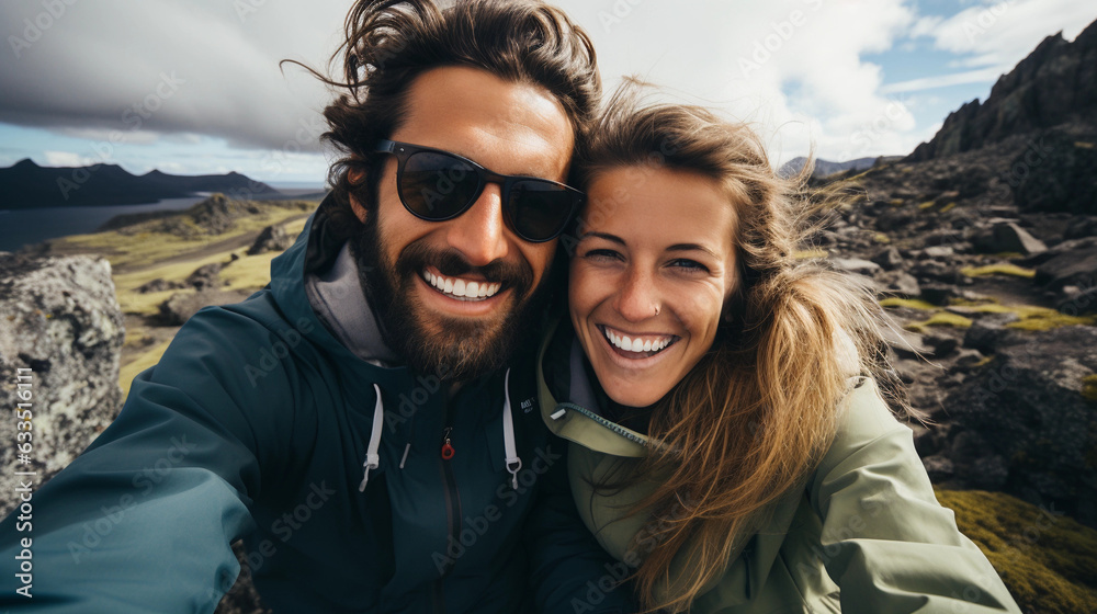 Travel couple with a smile making selfie portrait with smartphone Travel couple with a smile making selfie portrait with smartphone