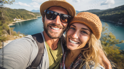 Travel couple with a smile making selfie portrait with smartphone
