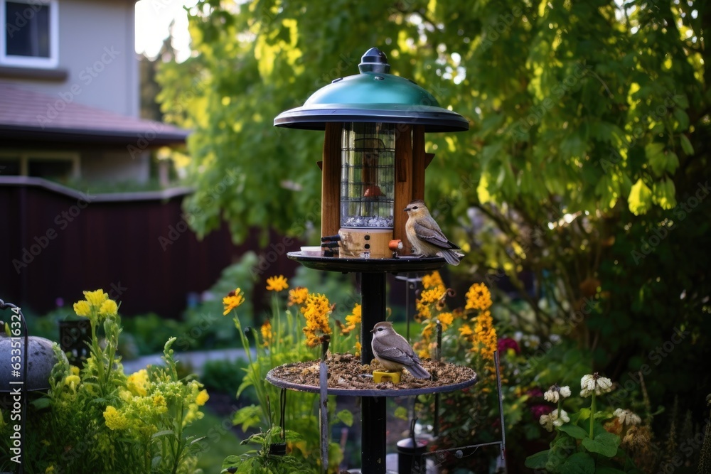 squirrel proof bird feeder on a garden pole