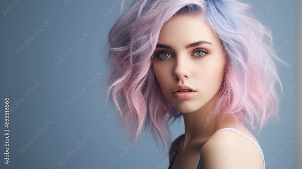 Portrait of beautiful model with blue pink hair for an advertisement for cosmetics brand. Portrait of beautiful model with blue pink hair for an advertisement for cosmetics brand.