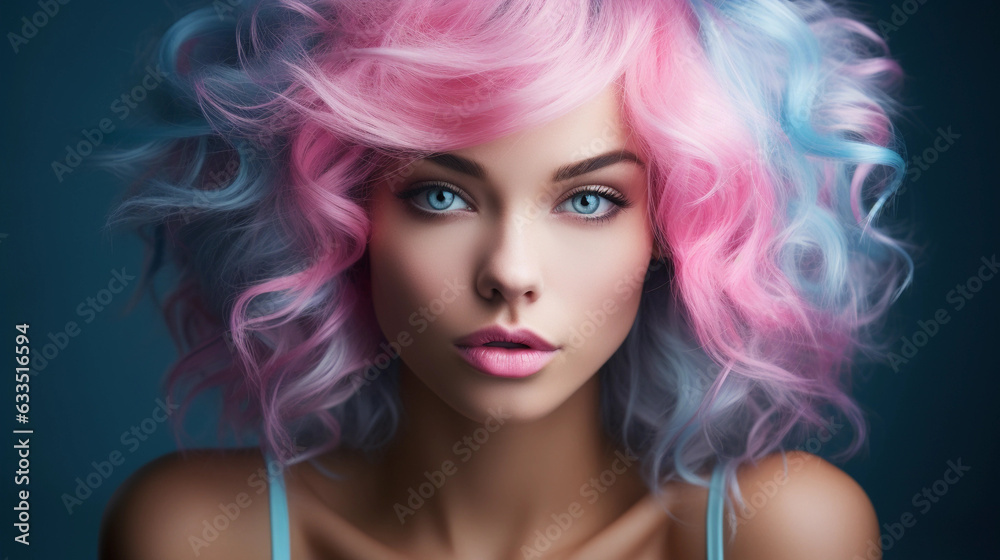 Portrait of beautiful model with blue pink hair for an advertisement for cosmetics brand.