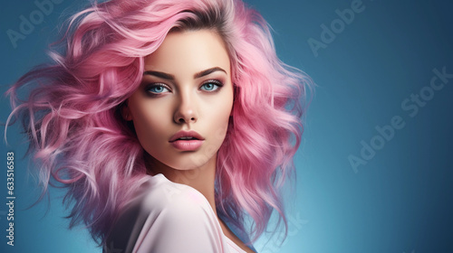 Portrait of beautiful model with blue pink hair for an advertisement for cosmetics brand.