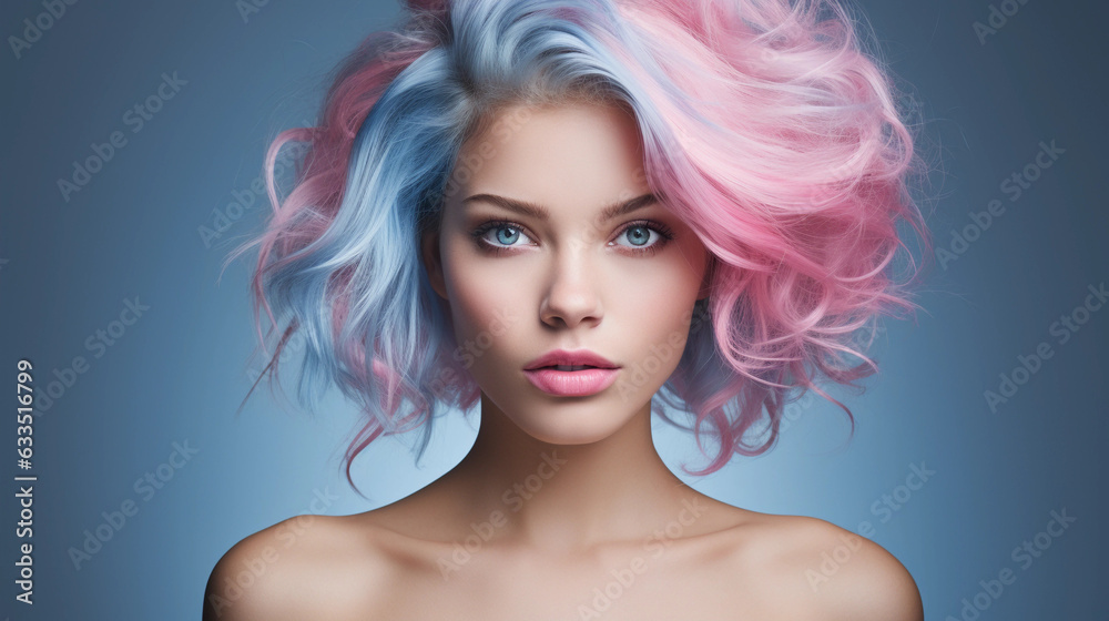 Portrait of beautiful model with blue pink hair for an advertisement for cosmetics brand. Portrait of beautiful model with blue pink hair for an advertisement for cosmetics brand.