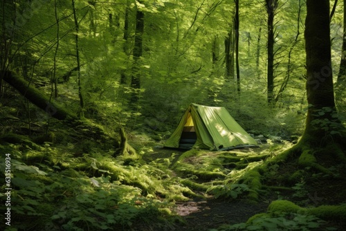 a tent pitched in a lush green forest clearing