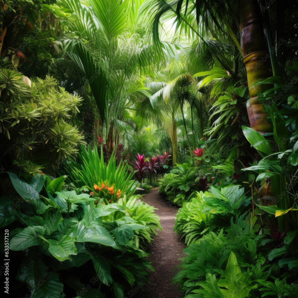 Tropical garden with palm trees, tropical plants and flowers and path ...