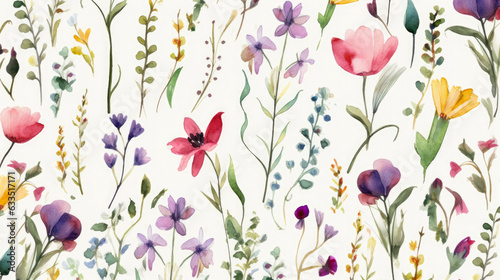 Wildflowers and leaf pattern on a white background in watercolor style. Generated AI. Illustration for design, postcard or print. #633517171