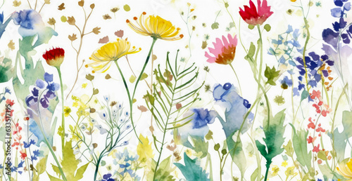 Wildflowers and leaf pattern on a white background in watercolor style. Generated AI. Illustration for design, postcard or print.
