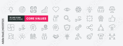 Set of 36 Core Value Outline Icons. Core Values thin line Icons with editable stroke. Includes core values, achievement, focus, goal, team, and more icons.