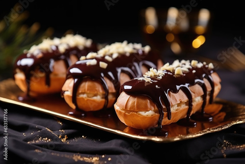 Chocolate eclairs, closeup. Traditional French pastry dessert