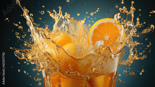 Splash of orange drink with slices of oranges on a dark background. For banners, covers and other illustrations and advertising of healthy lifestyle projects.