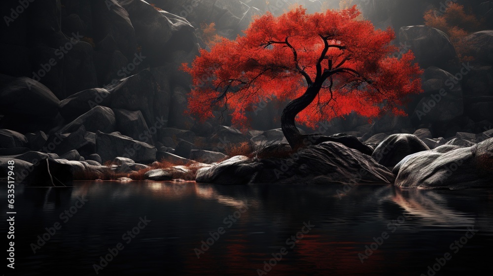  a red tree sitting on top of a rock covered hillside.  generative ai