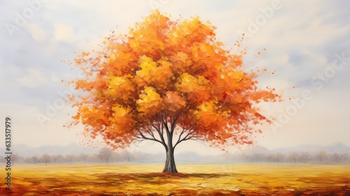  a painting of a tree in a field with yellow leaves. generative ai