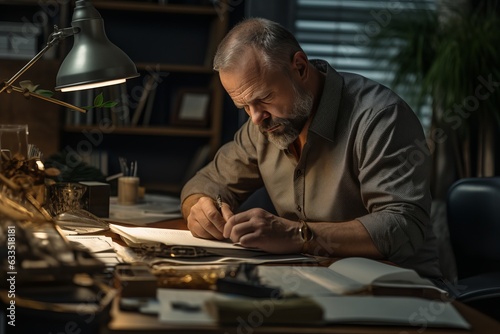 mature middle-aged caucasian man with silver hair and glasses writing something with a pen in a notebook sitting in the home office library. professional creative writer
