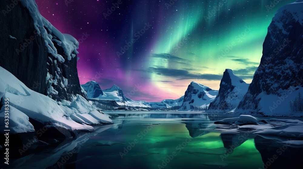  an aurora bore is seen over a mountain range and a body of water.  generative ai