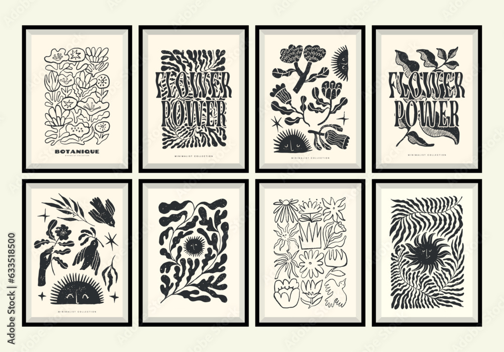 Minimalist poster collection with vector groovy flowers. Template for wallpaper, banner, postcard, poster, wall art
