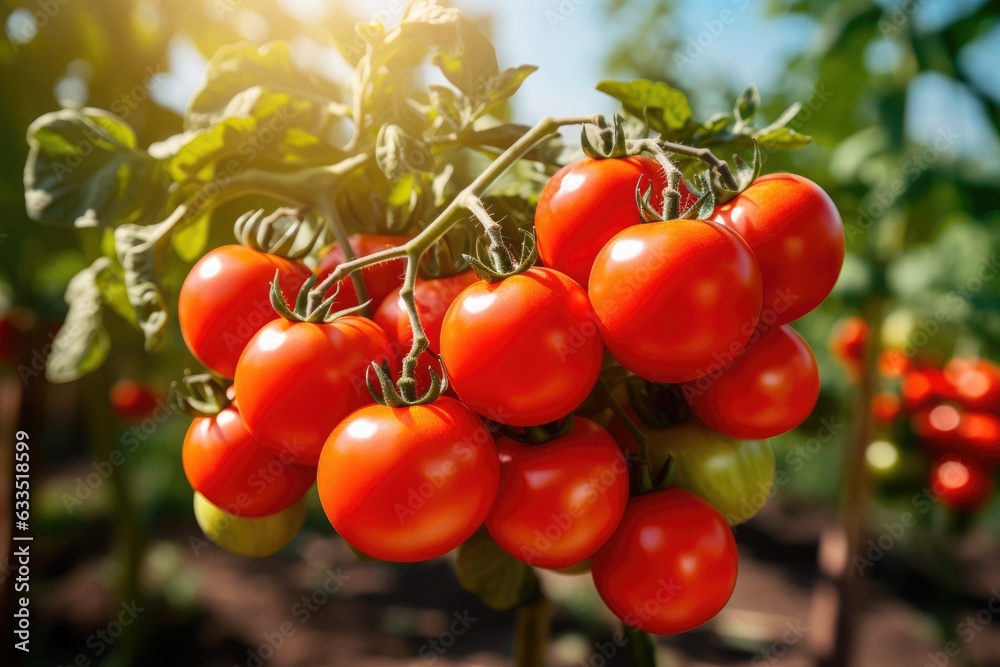 Perfect ripe branch of tomatoes grow in greenhouse or organic vegetable garden. Sunlight and blurry background.