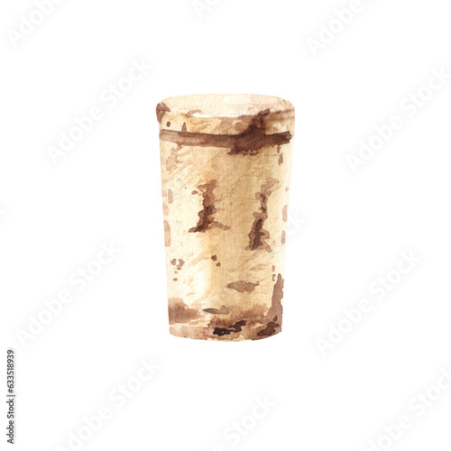 Watercolor cork stopper isolated on white background. Wine cap hand drawn watercolor illustration.