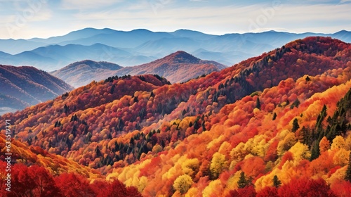  a scenic view of a mountain range with colorful trees in the foreground. generative ai