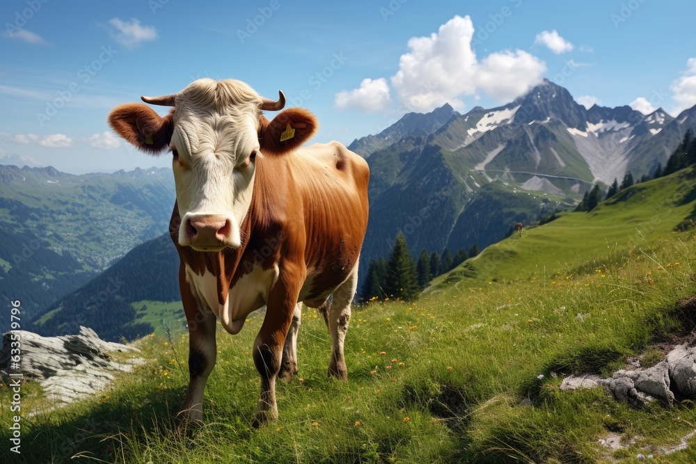 a cow is eating grass in the mountains Generative AI