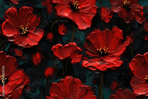 seamless pattern - repeatable texture of abstract red poppies on black background