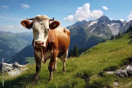 a cow is eating grass in the mountains Generative AI