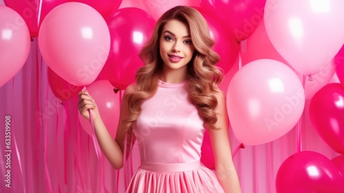 Portrait of attractive young girl in pink dress against background of pink helium party balloons. Birthday party