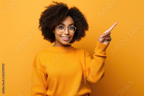 Girl points her finger, banner with copyspace for advertising and promotions © Gizmo