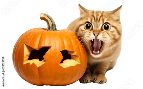 Funny Cat with Halloween pumpkin isolated on transparent background, png. Kitten and pumpkin on white. Halloween holidays. Autumn season. October. Autumn mood. © Viks_jin