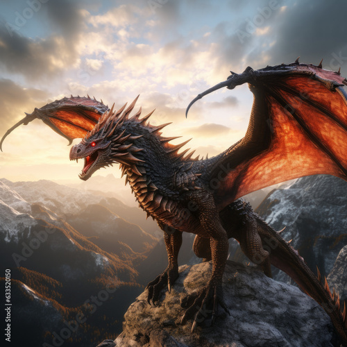 Flying dragon with wings, mountain terrains, at sunset