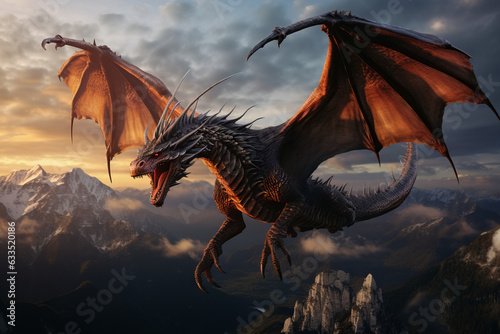 Flying dragon with wings, mountain terrains, at sunset © Guido Amrein