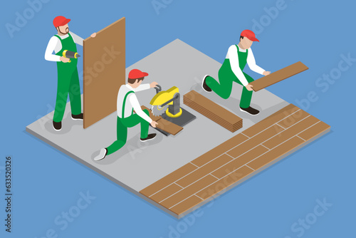 3D Isometric Flat Vector Conceptual Illustration of Laying Floor Parquet Tile, House Repairing