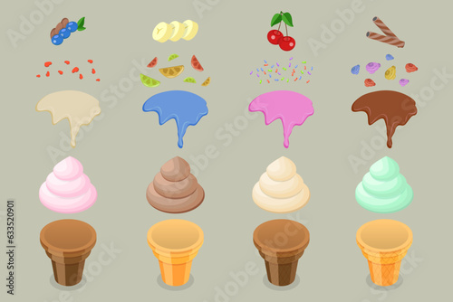 3D Isometric Flat Vector Conceptual Illustration of Creating Ice Cream, Sweet Summer Delicacy Sundaes