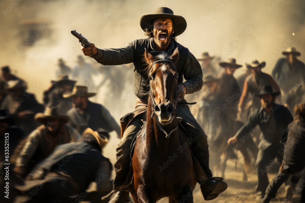 Fototapeta premium Cowboy riding on a horse and firing his gun