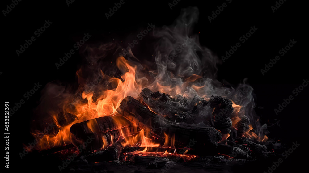 Bonfire with red-hot coals. Smoke, sparks. On a dark background. Generative AI technology.