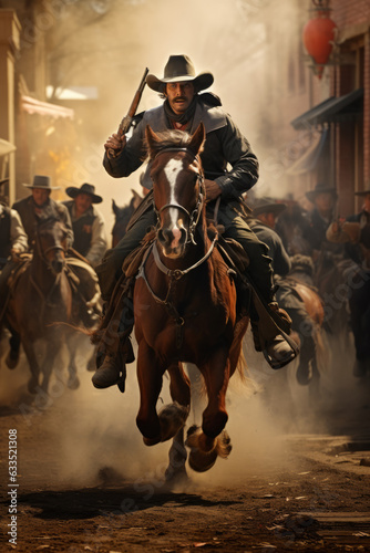 Cowboy riding on a horse and firing his gun