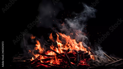 Bonfire with red-hot coals. Smoke, sparks. On a dark background. Generative AI technology.