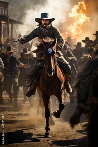 Cowboy riding on a horse and firing his gun