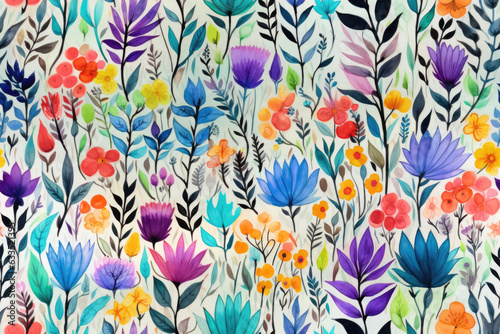 seamless pattern - repeatable texture of colorful abstract watercolor flowers on white background
