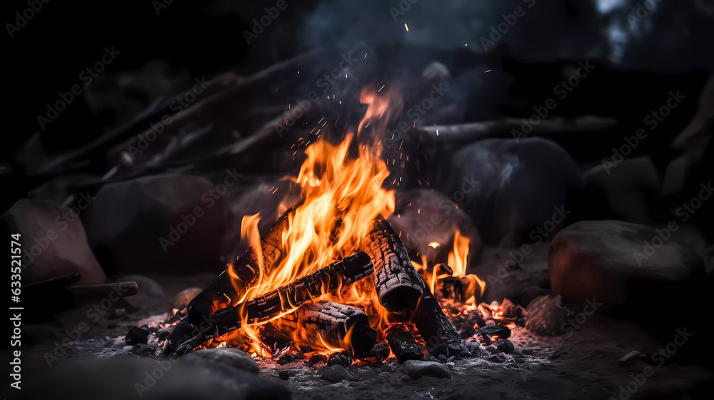 Bonfire with red-hot coals. Smoke, sparks. On a dark background. Generative AI technology. Bonfire with red-hot coals. Smoke, sparks. On a dark background. Generative AI technology.