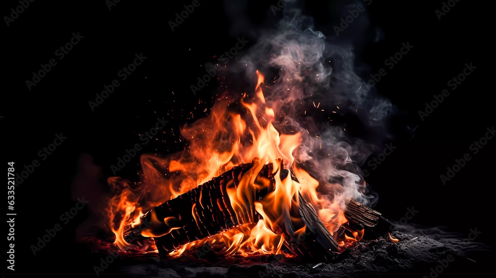 Bonfire with red-hot coals. Smoke, sparks. On a dark background. Generative AI technology. Bonfire with red-hot coals. Smoke, sparks. On a dark background. Generative AI technology.