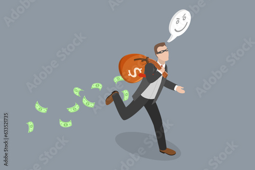 3D Isometric Flat Vector Conceptual Illustration of Economic Crime, Thief with Bag of Money