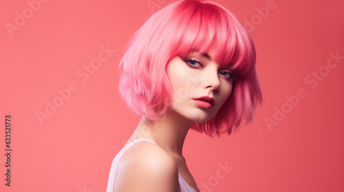 Pink haired beautiful woman on pink background, pastel colors girl