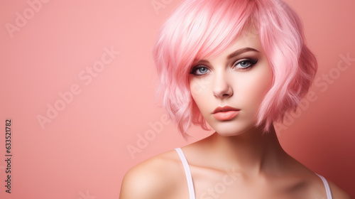 Pink haired beautiful woman on pink background, pastel colors girl