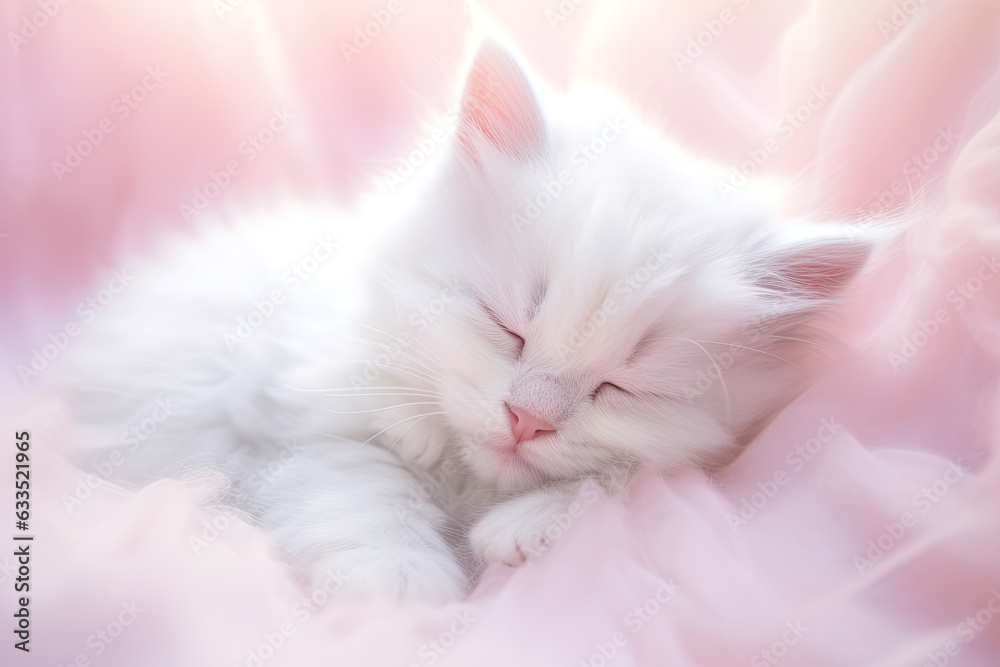 Cute White Kitten Sleeps on Pink Blanket, Blurred Background.