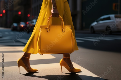 A woman walking down the street with a yellow purse photo