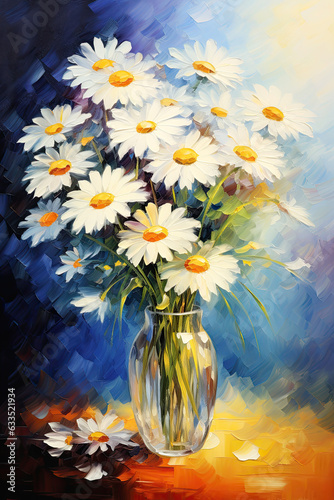 White Chamomile Flowers Brush Strokes Acrylic Painting. Canvas Texture.